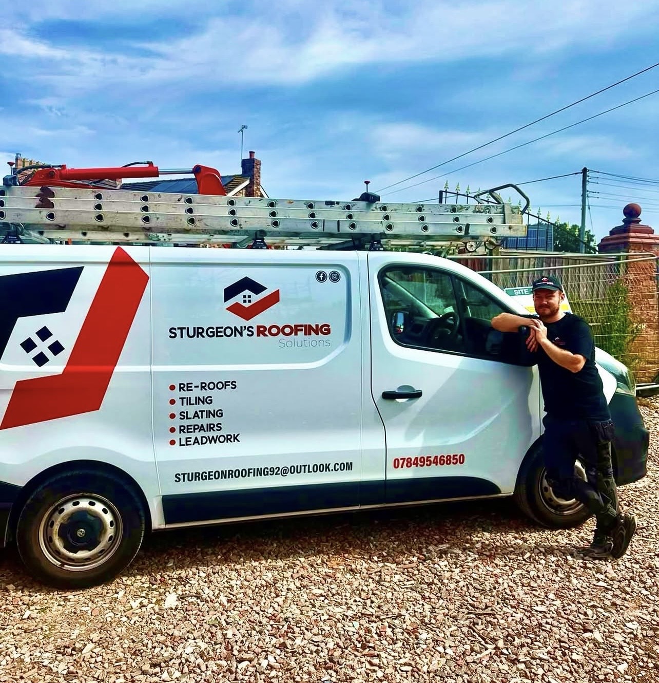 James, owner of Sturgeon's Roofing Solutions, beside the company van