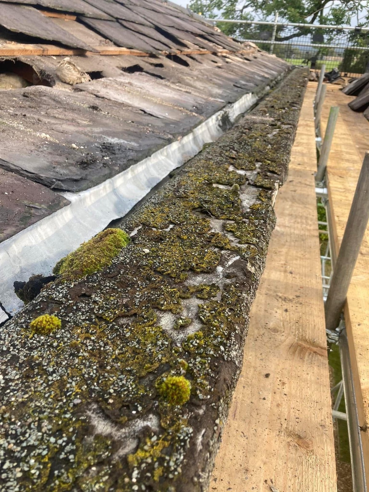 Mossy worn roof and box gutter before the job